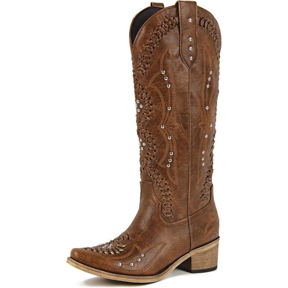 Women's Brown Leather Embroidery Knee High Western Cowgirl Boots Lightweight - Picture 5 of 6